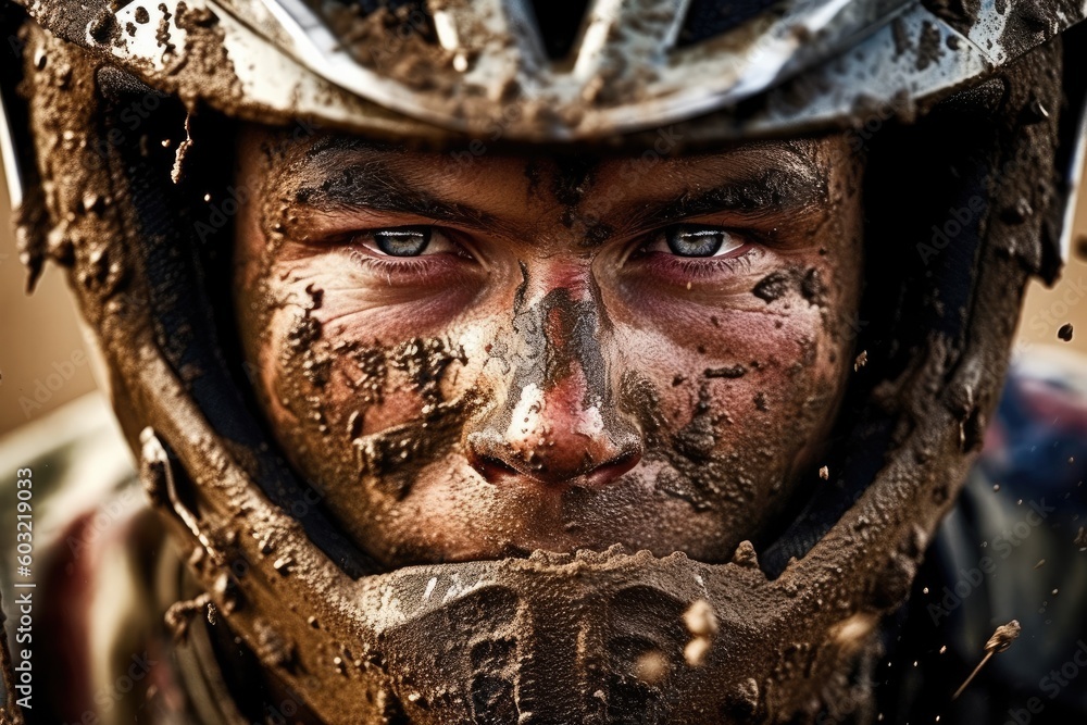 Close up biker using helmet with mud AI Generative Close up biker using helmet with mud AI Generative