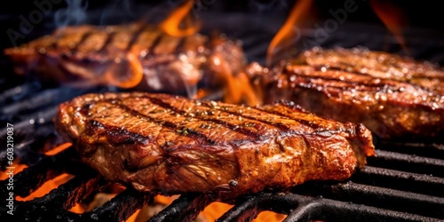 beef new york strip steak grilling on flaming grill created with generative AI