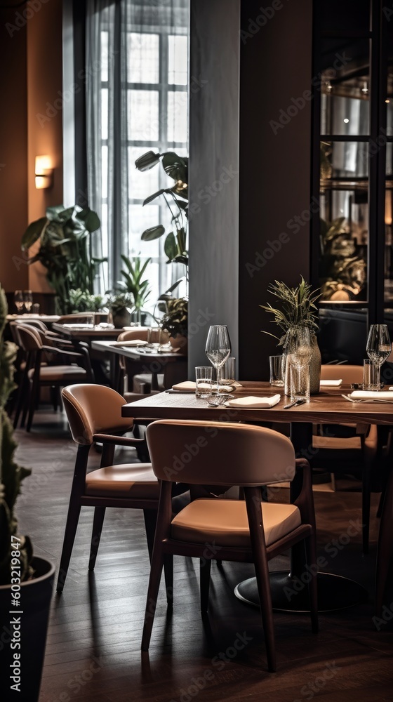 Modern and spacious restaurant with a stylish and modern interior design. Generative AI Modern and spacious restaurant with a stylish and modern interior design. Generative AI