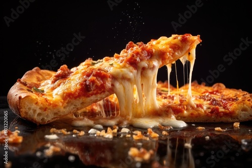 Delicious pizza slice on the black background AI Generative 