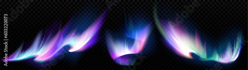 Realistic aurora effect isolated on transparent background. Vector illustration of colorful borealis light shimmering in night polar sky. Arctic winter natural phenomenon. Abstract gradient texture