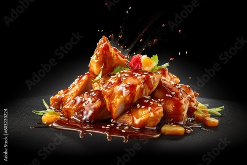 Delicious chicken teriyaki on the black background AI Generative