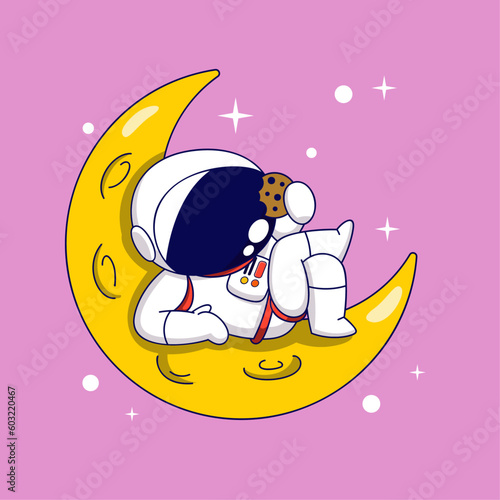 Cute Cartoon Astronaut sleeping on the crescent moon. Vector illustration.