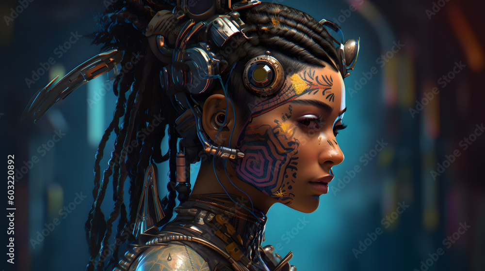Retrato de mujer joven latina con estilo mexicano cyberpunk hecho con IA generativa