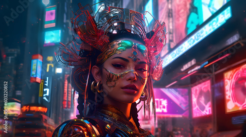 Retrato de mujer joven latina con estilo mexicano cyberpunk hecho con IA generativa