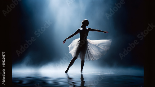 Silueta de bailarina de ballet bailando sobre agua en un fondo oscuro con luz volumétrica, hecho con IA generativa photo