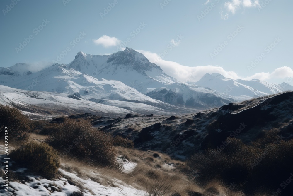  a snowy mountain range with shrubs and bushes in the foreground and a blue sky with clouds in the background with a few clouds in the sky.  generative ai