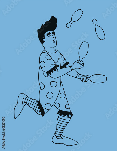Clown is juggling. Circus character in outline style.