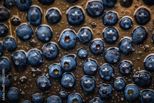  a close up of a bunch of blueberries with water droplets on them and a brown background with white stars on the top. generative ai