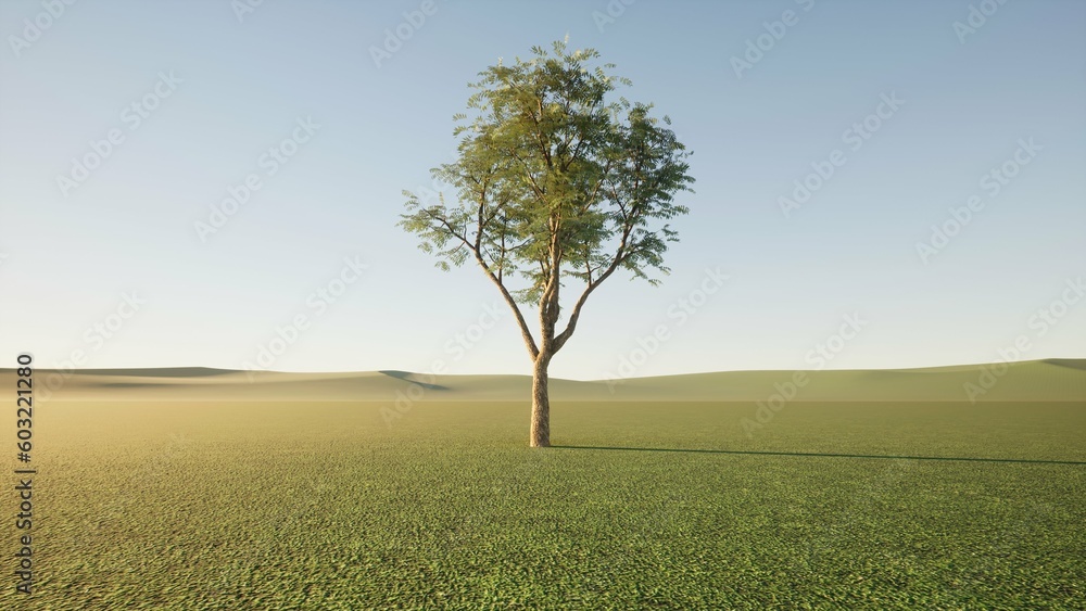 Obraz premium A green fruitful tree in the middle of the field with green ground. Maintain a healthy green fruitful environment