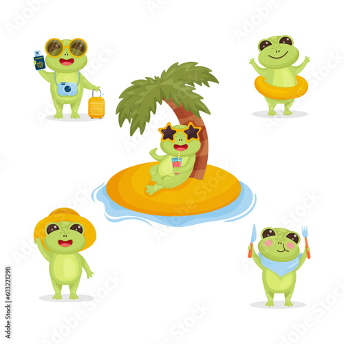 set of frogs with different poses, emotions. Traveling, standing with blank poster, eating, waving, with swimming ring.Vector illustration for designs, prints, patterns. Isolated on white background