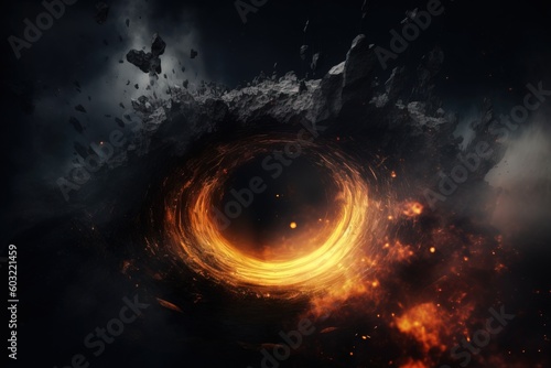  a black hole with a yellow ring in the middle of it and a black background with clouds and stars in the middle of the image. generative ai