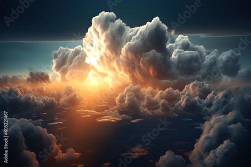  the sun is shining through the clouds in the sky above the clouds is a dark blue sky with white clouds and a bright orange sun in the center. generative ai