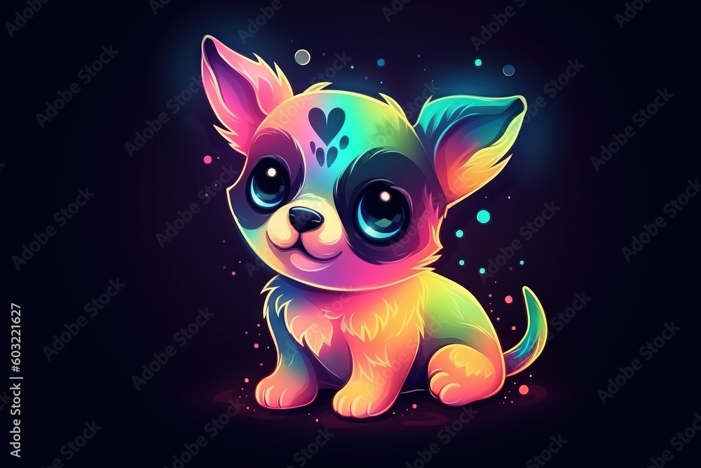  a small dog with glowing eyes sitting on a dark background with bubbles in the air and stars in the sky around it, with a neon glow effect.  generative ai