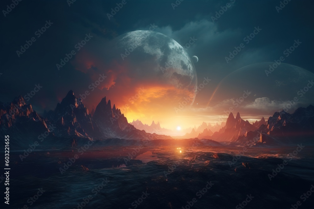  an alien landscape with mountains and a bright sun in the distance, with a distant planet in the distance, and a distant planet in the background.  generative ai