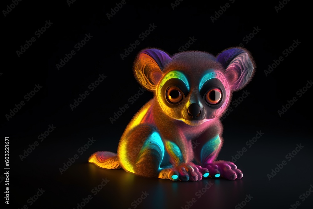  a colorfully lit koala sitting on a black surface with its eyes open and eyes wide open, with a black background behind it.  generative ai