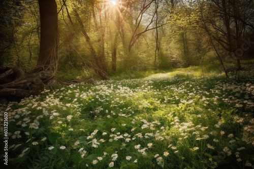  the sun shines through the trees in the forest with wildflowers in the foreground and a trail in the background with a fallen tree stump in the foreground.  generative ai