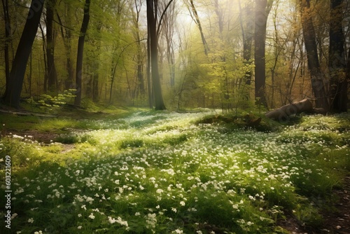  a lush green forest filled with lots of trees and white flowers on a sunny day with sun shining through the trees and flowers on the ground.  generative ai