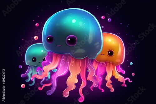  a group of jelly fish floating on top of a black background with bubbles in the water and a neon colored jelly fish with eyes and a black background. generative ai