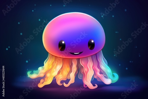  a colorful jellyfish with a happy face on it's face and eyes, sitting on a dark background with stars and a blue sky. generative ai