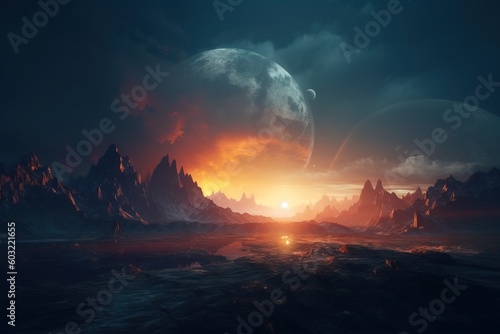  an alien landscape with mountains and a bright sun in the distance, with a distant planet in the distance, and a distant planet in the background. generative ai