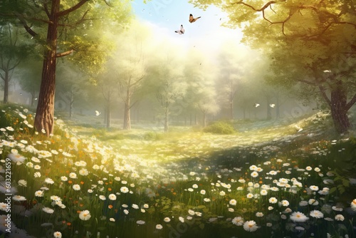  a painting of a sunlit forest with white daisies and butterflies flying over the trees and flowers in the foreground, and the sun shining through the trees.  generative ai