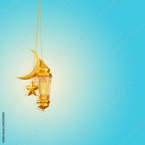 3D Render Islamic Ramadan With Golden Lantern And Moon Background
