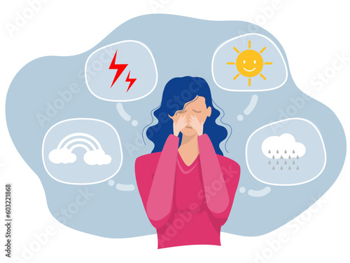 Health mental woman suffering from bipolar disorder, Girl surrounded by symptoms of bipolar disorder icon graphic vector
