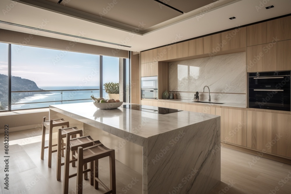 Picture of a kitchen with a large marble island next to a large window with a view ...