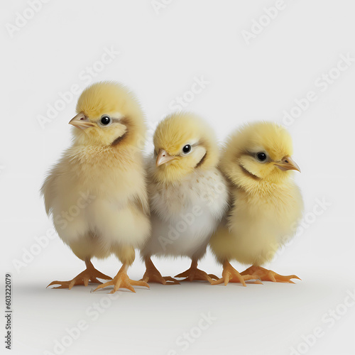 Hens and chicks (Gallus gallus domesticus) with egg and eggshell, white background, AI generated