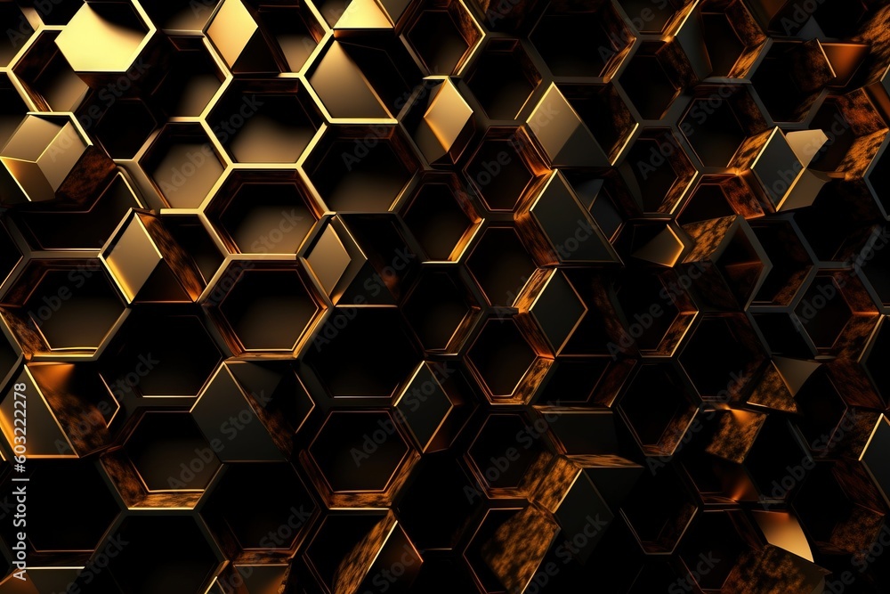a bunch of hexagonals that are all gold and black in a pattern of hexagonals, with a black background of gold and black. generative ai a bunch of hexagonals that are all gold and black in a pattern of hexagonals, with a black background of gold and black. generative ai