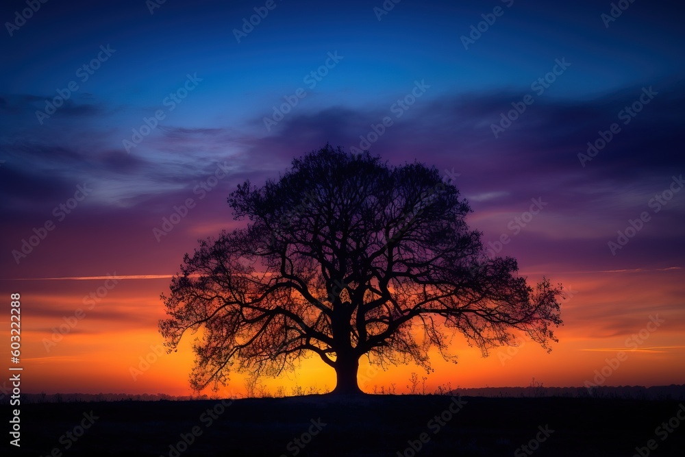  a lone tree silhouetted against a colorful sunset in a field with a blue and purple sky in the background and a silhouette of a single tree in the foreground.  generative ai