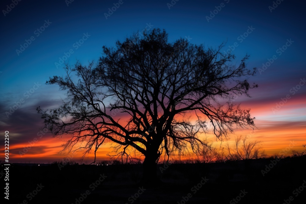  a silhouette of a tree against a colorful sky at sunset or sunset hour or hour of sunset, with the sun setting behind the tree.  generative ai