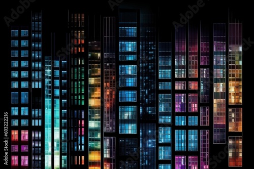  a group of tall buildings with windows lit up in the night sky with a black background and a black background with a multicolored pattern of windows. generative ai