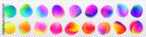 Abstract radial gradient blur purple neon light. Abstract circle blue, yellow and red cyber vector dot label. Glow round isolated soft color element set for headline. Futuristic holographic stain