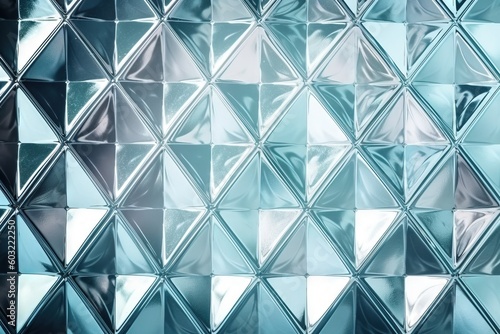  a wall made up of many different shapes and sizes of glass blocks in a pattern of blue and silver colors, with a black background. generative ai