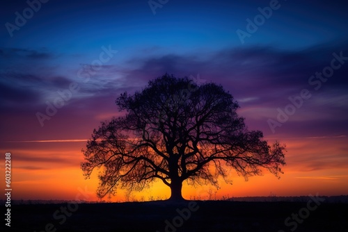  a lone tree silhouetted against a colorful sunset in a field with a blue and purple sky in the background and a silhouette of a single tree in the foreground.  generative ai