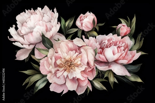 a painting of pink flowers with green leaves on a black background with a black background with a white border and a black background with a white border. generative ai