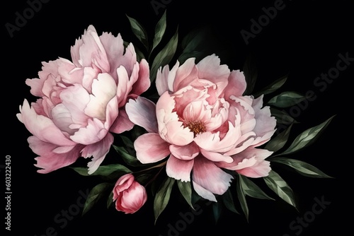  two pink peonies with green leaves on a black background with a black background and a black background with a white peonie.  generative ai