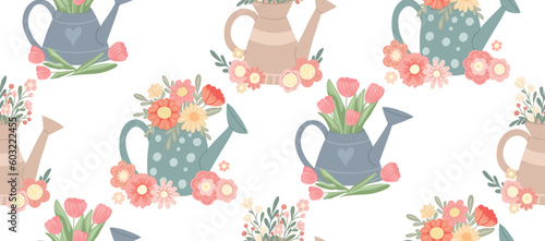 Vector, seamless pattern with watering cans with tulips and wildflowers on white background. Summer romantic texture with floral bouquets in vases.