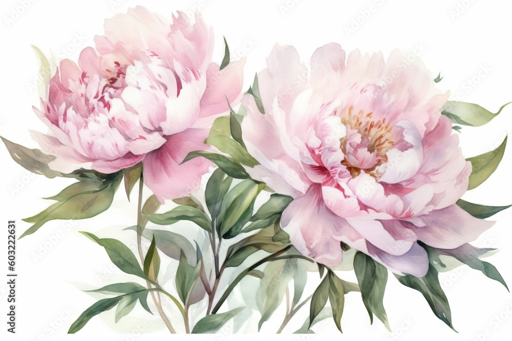  a painting of two pink flowers with green leaves on a white background with a white back ground and a white back ground with a white back ground.  generative ai