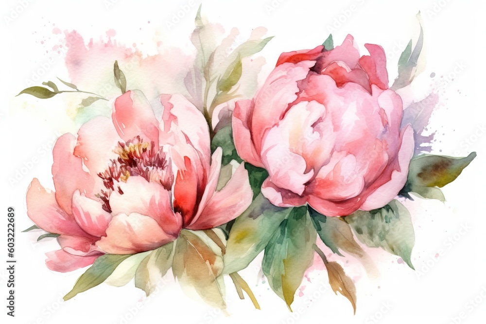 a watercolor painting of two pink peonies with green leaves and buds on a white background with a watercolor splash of pink peonies and green leaves. generative ai a watercolor painting of two pink peonies with green leaves and buds on a white background with a watercolor splash of pink peonies and green leaves. generative ai