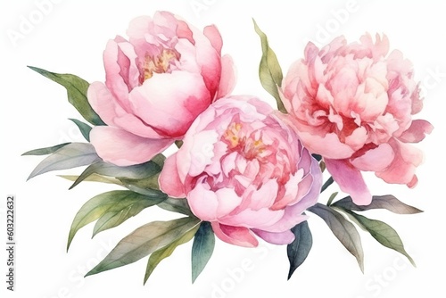  three pink peonies with green leaves on a white background, watercolor painting by numbers, flowers, peonies, peonies, flowers, watercolor, peoni, watercolor. generative ai