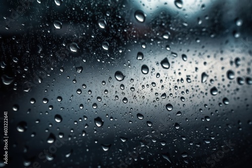  rain drops on the window of a car in the rain  with a blurry background of a building in the distance and a street light in the distance.  generative ai