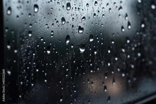  rain drops on a window pane with a blurry image of a building in the background in the evening hours of a rainy day. generative ai