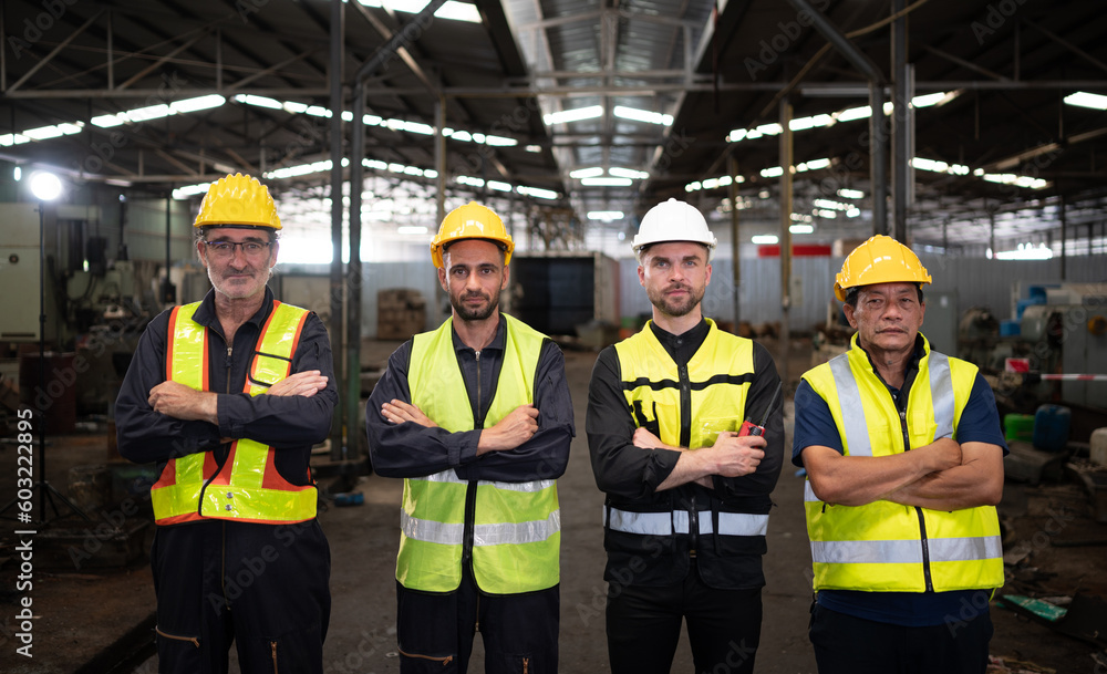 Portrait of team of engineers and technicians that is ready for repairing old machinery to return to normal operation in the company's old machinery warehouse Portrait of team of engineers and technicians that is ready for repairing old machinery to return to normal operation in the company's old machinery warehouse