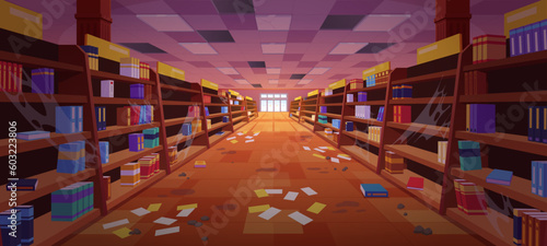 Abandoned book store vector cartoon background. Old library shop house interior illustration for game. Dirty bookshop with junk on floor. Spooky haunted university building with nobody front view