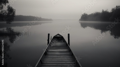  a long dock with a row boat on a foggy lake. generative ai