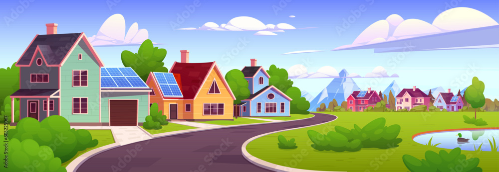 House with renewable energy solar panel on roof. Photovoltaic green system for home building in village cartoon vector background. Modern sustainable supply for autonomous smart electric on rooftop.