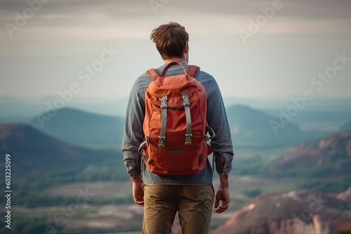 Portrait traveler with backpack on the hill